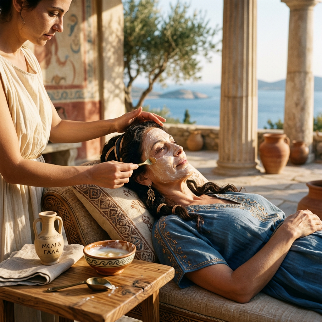 Woman applying facial mask; jug reads "ΜΕΛΙ & ΓΑΛΑ"