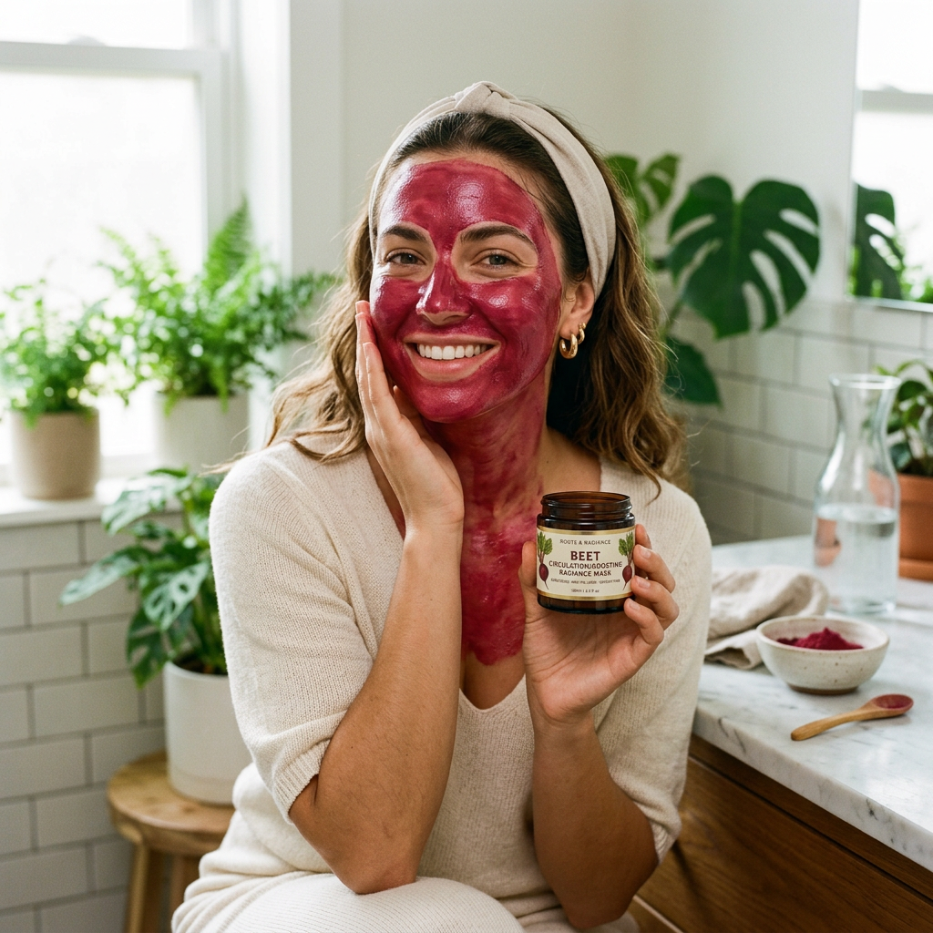 Smiling woman wearing a red facial mask and holding a beet skincare jar