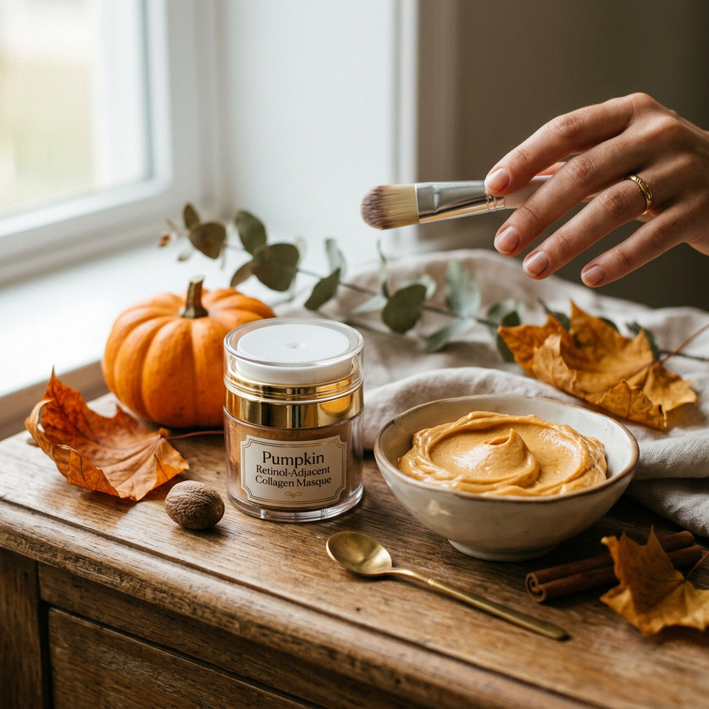 Hand holding brush above pumpkin retinol-adjacent collagen masque and bowl of cream