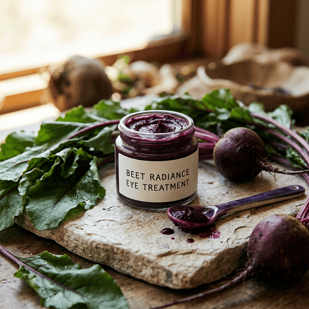 Jar labeled “BEET RADIANCE EYE TREATMENT” surrounded by beets and greens