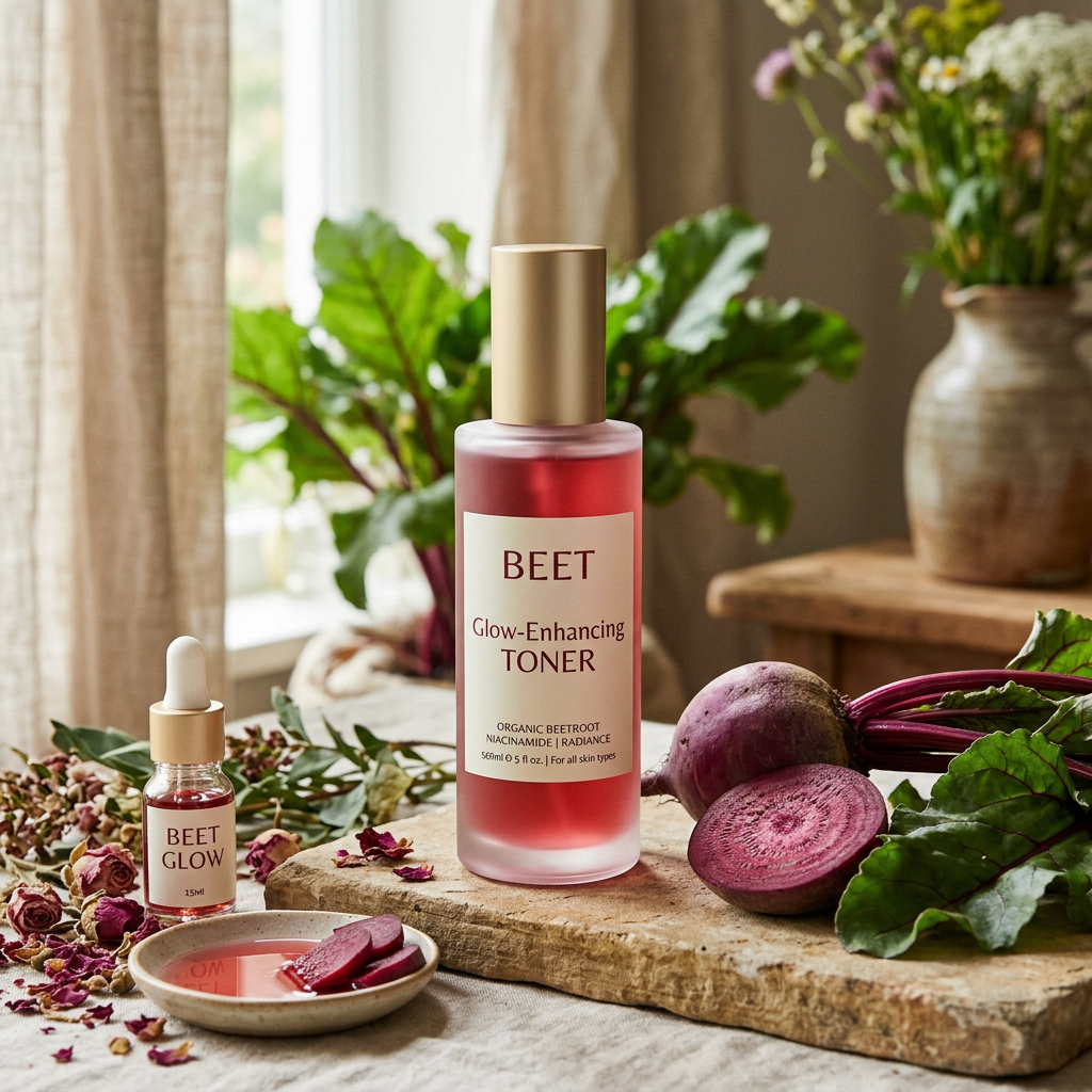 Beet Glow serum and Beet Glow-Enhancing Toner labeled organic beetroot, niacinamide, and radiance