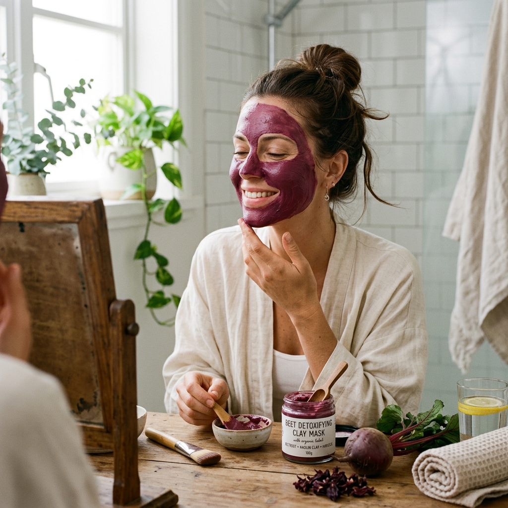Woman wearing a beet detoxifying clay mask beside jar labeled “BEET DETOXIFYING CLAY MASK”