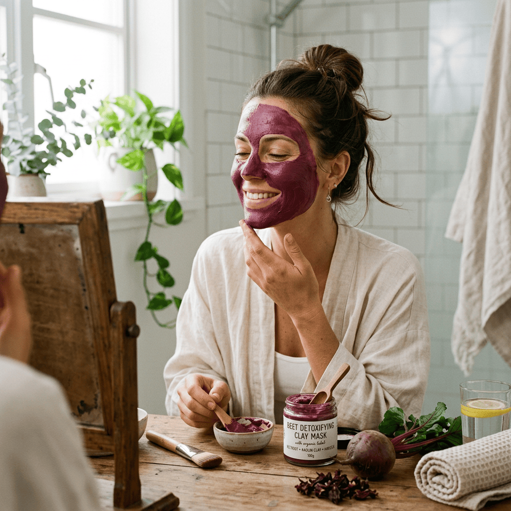 Woman wearing a beet detoxifying clay mask beside jar labeled “BEET DETOXIFYING CLAY MASK”