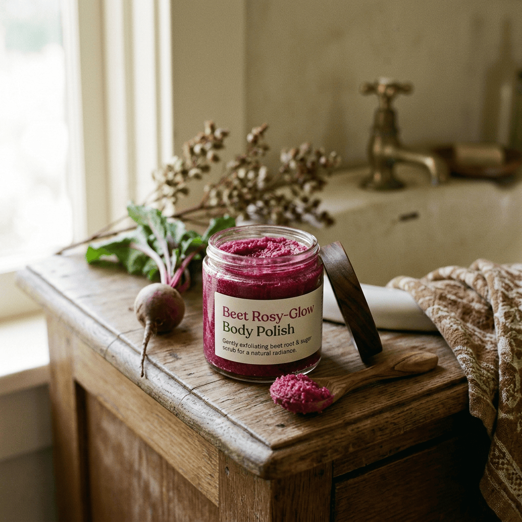 Jar labeled Beet Rosy-Glow Body Polish beside a beetroot and scrub spoon