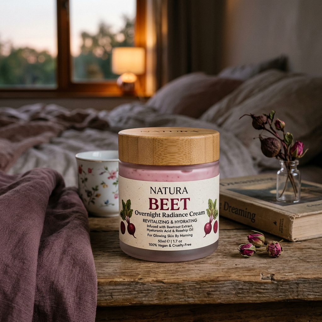 Natura Beet Overnight Radiance Cream jar on a bedside table