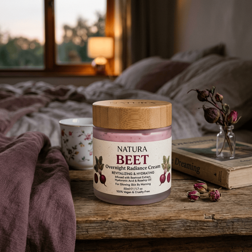 Natura Beet Overnight Radiance Cream jar on a bedside table