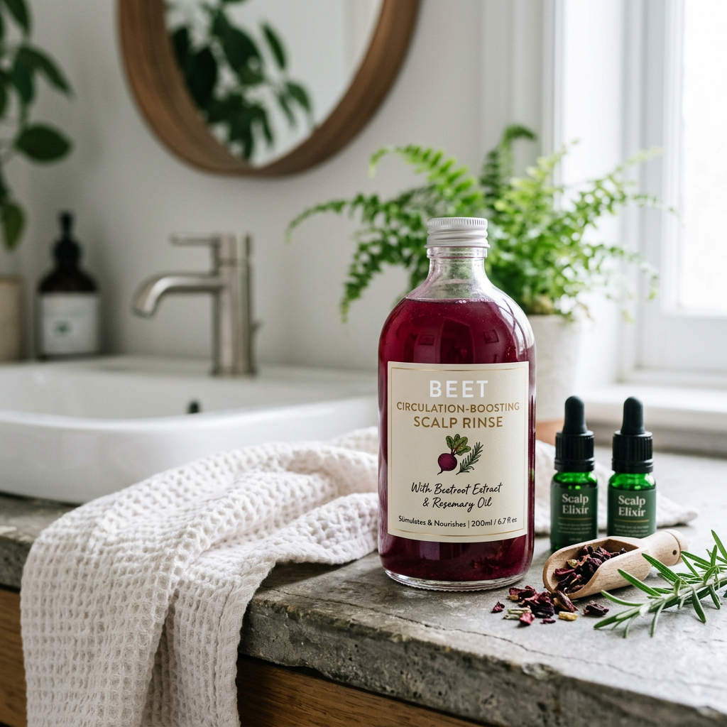 Bottle labeled “BEET Circulation-Boosting Scalp Rinse,” with Beetroot Extract and Rosemary Oil; two Scalp Elixir bottles beside rosemary and dried botanicals.