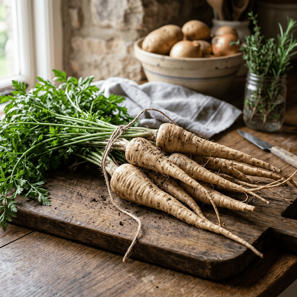 Fresh parsnips with leafy tops on a wooden cutting board