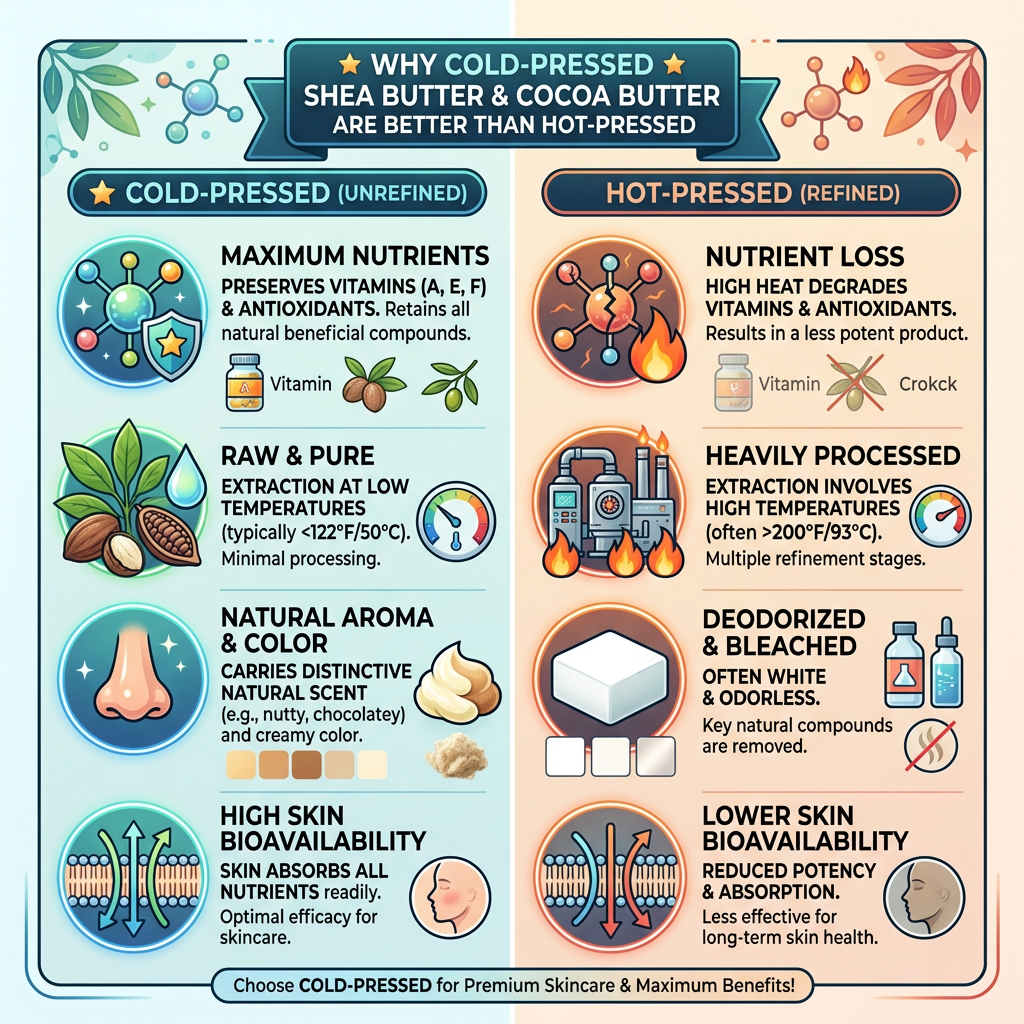 Infographic titled "Why Cold-Pressed Shea Butter & Cocoa Butter Are Better Than Hot-Pressed" comparing cold-pressed unrefined and hot-pressed refined butter across maximum nutrients, raw purity, natural aroma and color, and high skin bioavailability versus nutrient loss, heavy processing, deodorization and bleaching, and lower skin bioavailability.