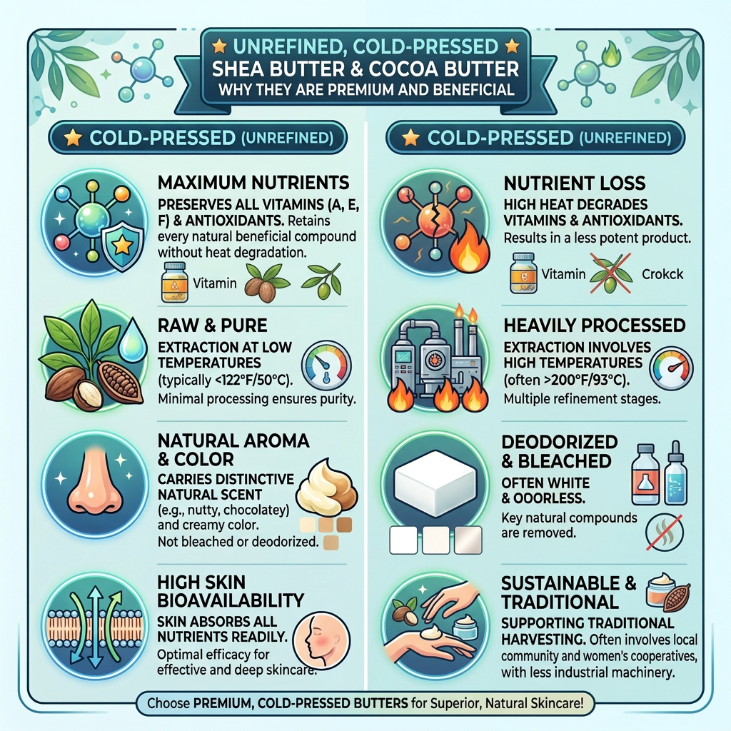 Infographic titled "Why Cold-Pressed Shea Butter & Cocoa Butter Are Better Than Hot-Pressed" comparing cold-pressed unrefined and hot-pressed refined butter across maximum nutrients, raw purity, natural aroma and color, and high skin bioavailability versus nutrient loss, heavy processing, deodorization and bleaching, and lower skin bioavailability.
