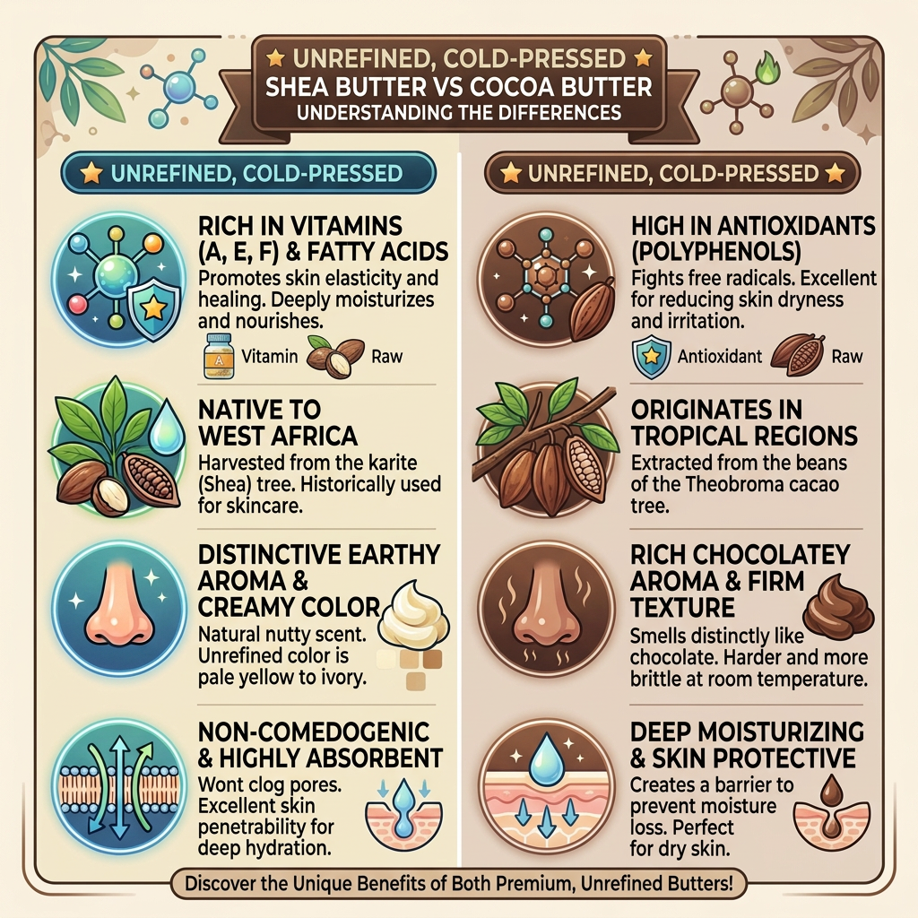 Infographic titled "Why Cold-Pressed Shea Butter & Cocoa Butter Are Better Than Hot-Pressed" comparing cold-pressed unrefined and hot-pressed refined butter across maximum nutrients, raw purity, natural aroma and color, and high skin bioavailability versus nutrient loss, heavy processing, deodorization and bleaching, and lower skin bioavailability.