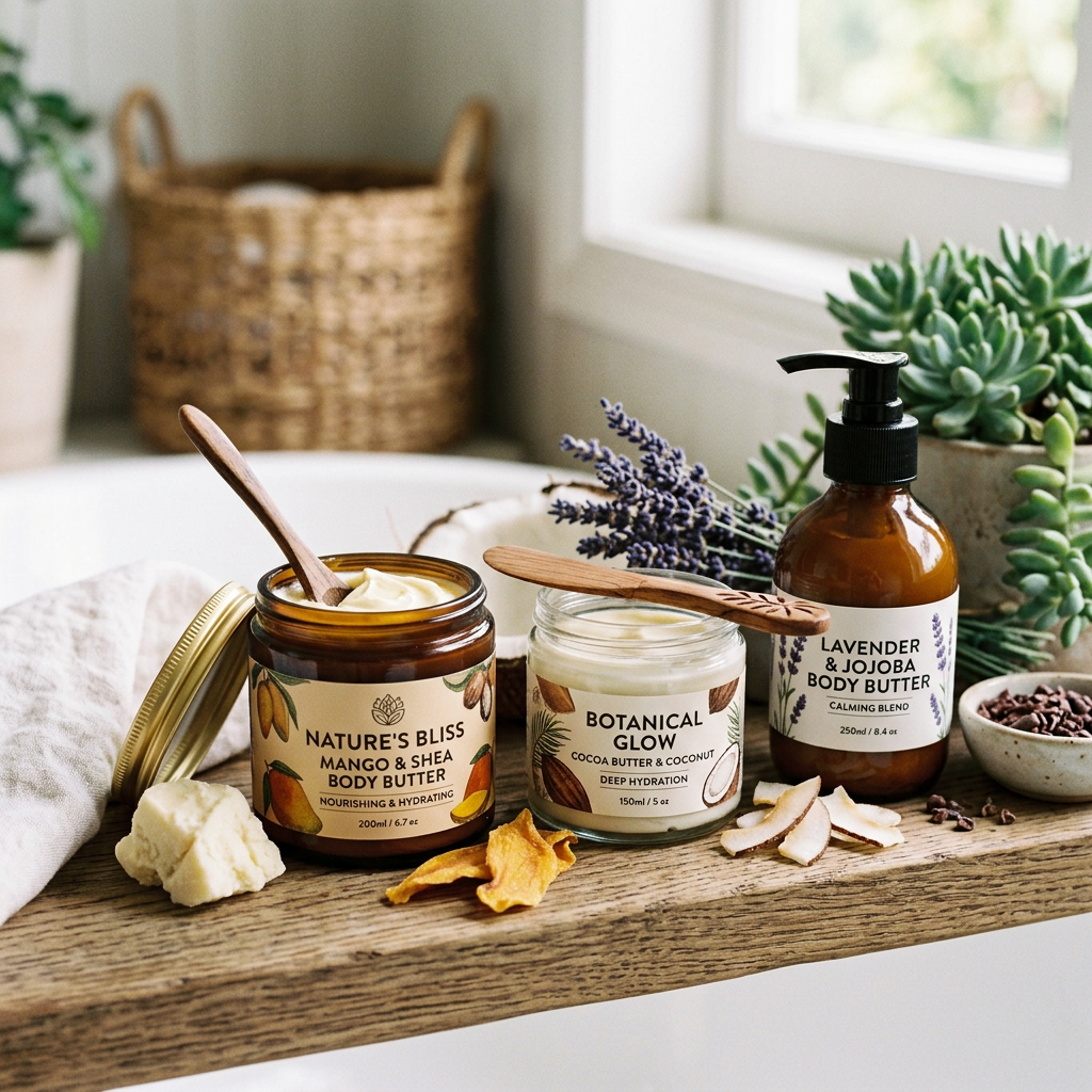 Body butter skincare products in jars