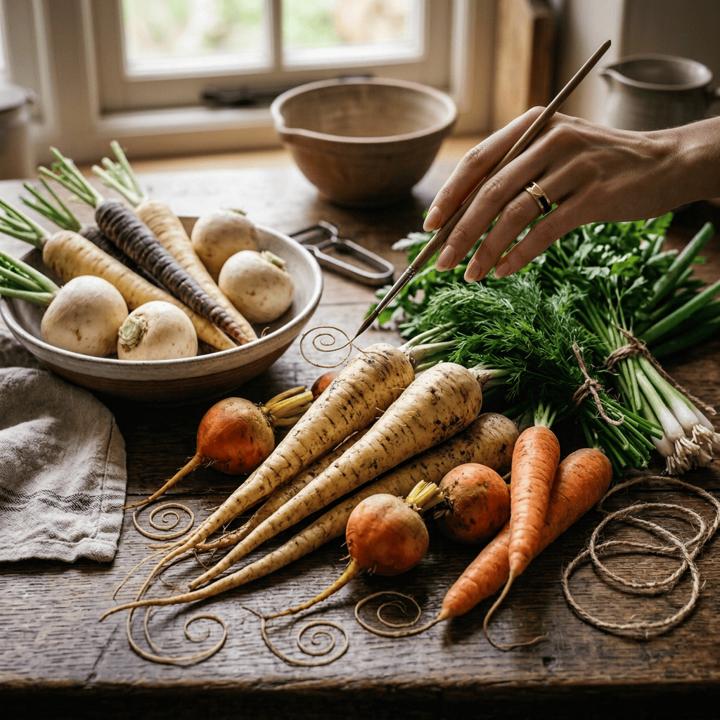 Hand brushing freshly harvested carrots, parsnips, turnips, and potatoes