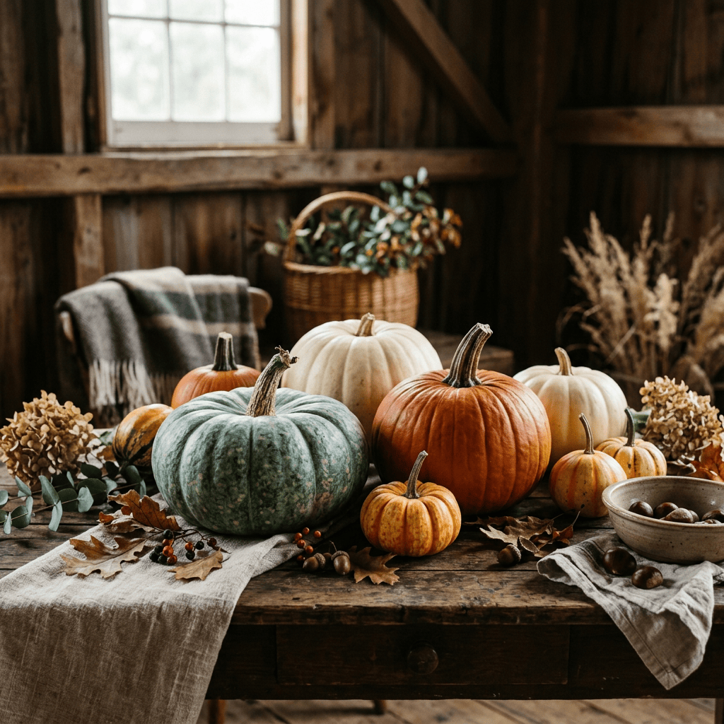 Pumpkins and autumn foliage arranged on a rustic wooden table