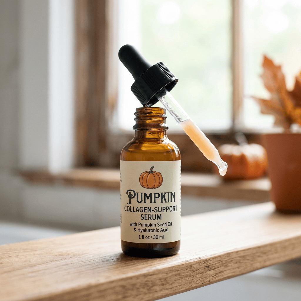 Pumpkin collagen-support serum bottle with dropper on wooden windowsill