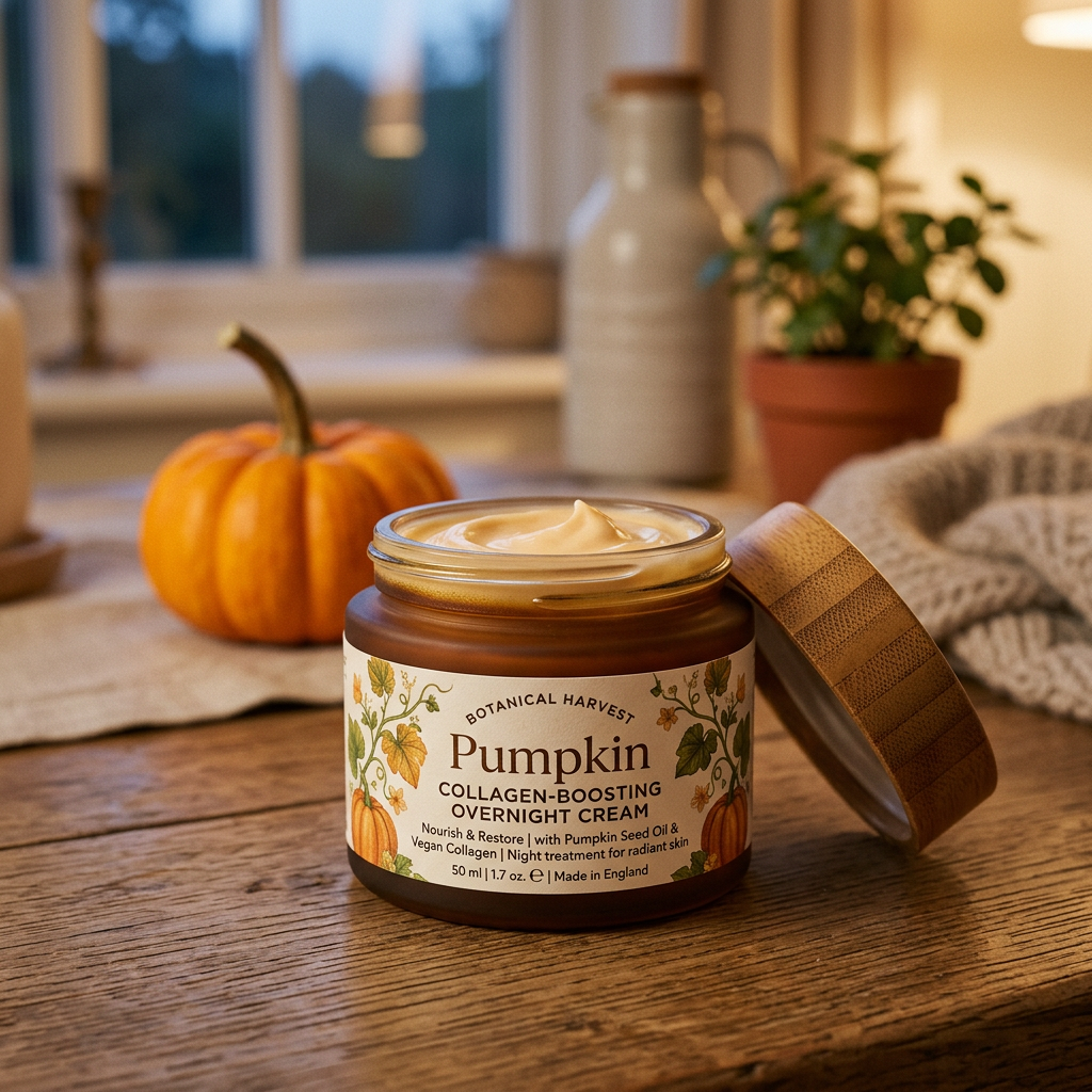 Jar labeled Botanical Harvest Pumpkin Collagen-Boosting Overnight Cream, 50 ml, made in England