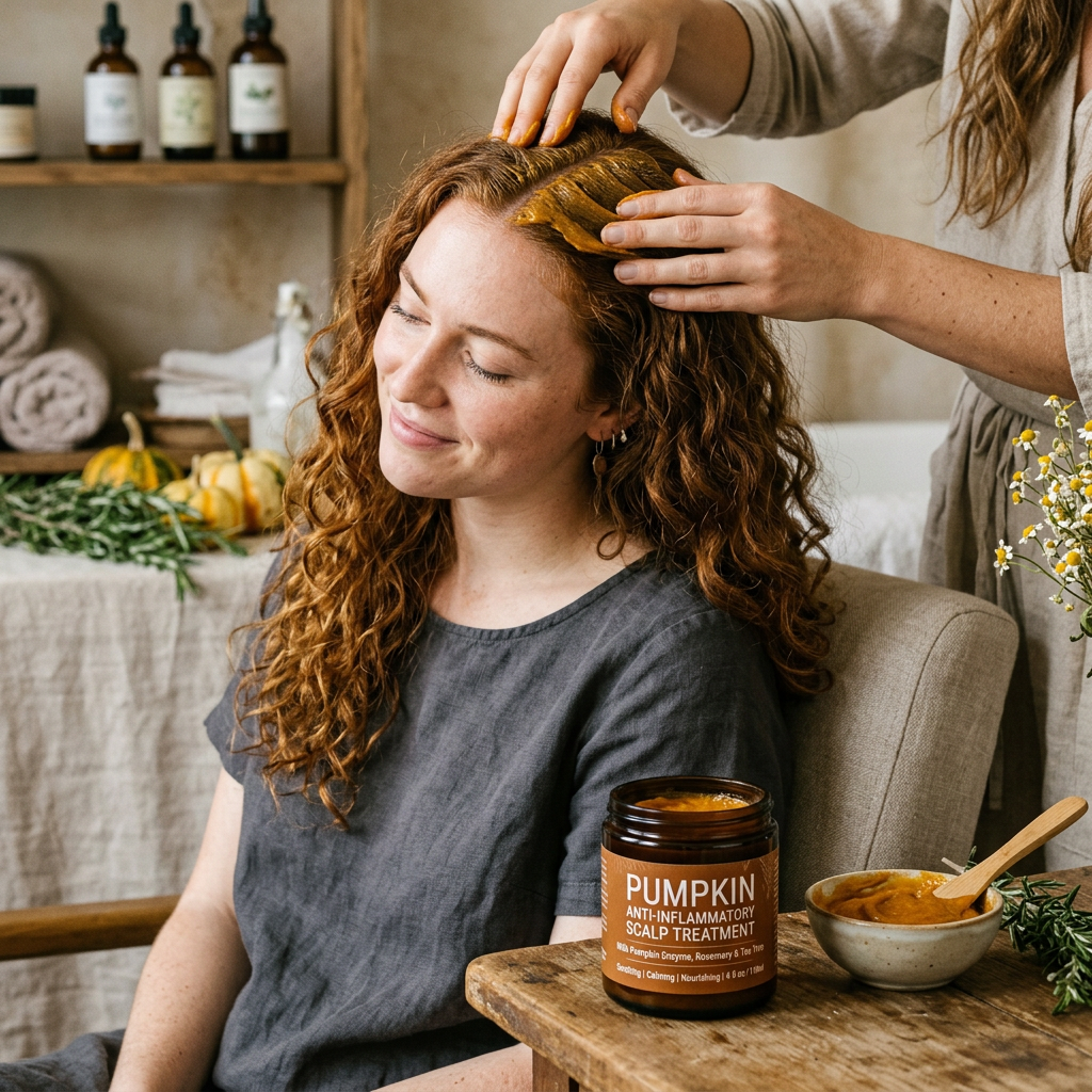 Woman receiving pumpkin scalp treatment while seated beside treatment jar