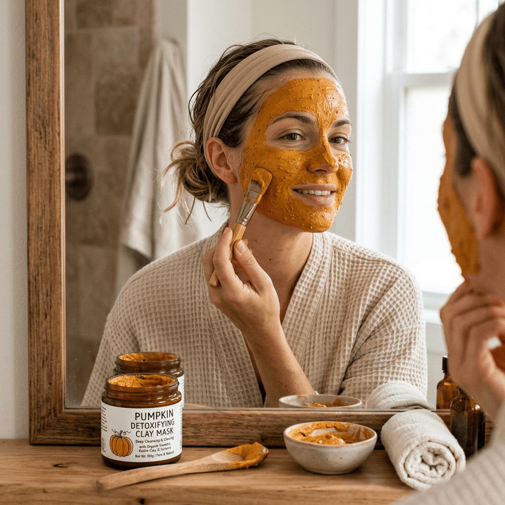 Woman applying pumpkin detoxifying clay mask while looking in bathroom mirror