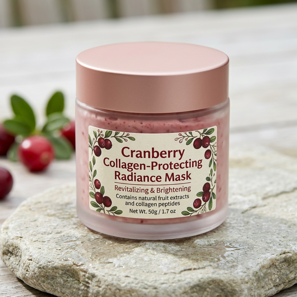 Jar labeled Cranberry Collagen-Protecting Radiance Mask, Revitalizing and Brightening