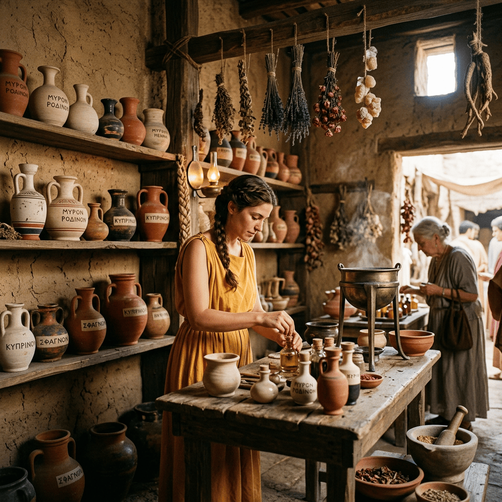 Woman preparing herbs and oils in a pottery-filled traditional apothecary