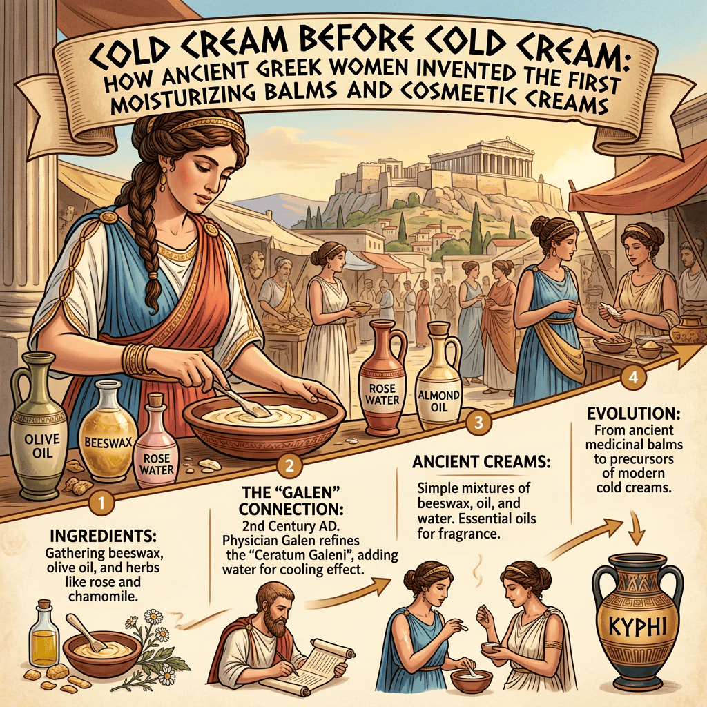 Cold Cream Before Cold Cream: How Ancient Greek Women Invented the First Moisturizing Balms and Cosmetic Creams. Ingredients: olive oil, beeswax, rose water, and herbs like rose and chamomile. The “Galen” connection: 2nd century AD physician Galen refines the “Ceratum Galeni,” adding water for cooling effect. Ancient creams: simple mixtures of beeswax, oil, and water; essential oils for fragrance. Evolution: from ancient medicinal balms to precursors of modern cold creams. Labels: olive oil, beeswax, rose water, rose water, almond oil, kyphi.