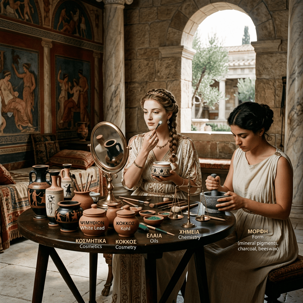 Two women preparing cosmetics with labels: ΨΙΜΙΘΙΟΝ White Lead, ΚΟΚΚΟΣ Kohl, ΚΟΣΜΗΤΙΚΑ Cosmetics, ΚΟΚΚΟΣ Cosmetry, ΕΛΑΙΑ Oils, ΧΗΜΕΙΑ Chemistry, ΜΟΡΦΗ Form (mineral pigments, charcoal, beeswax).