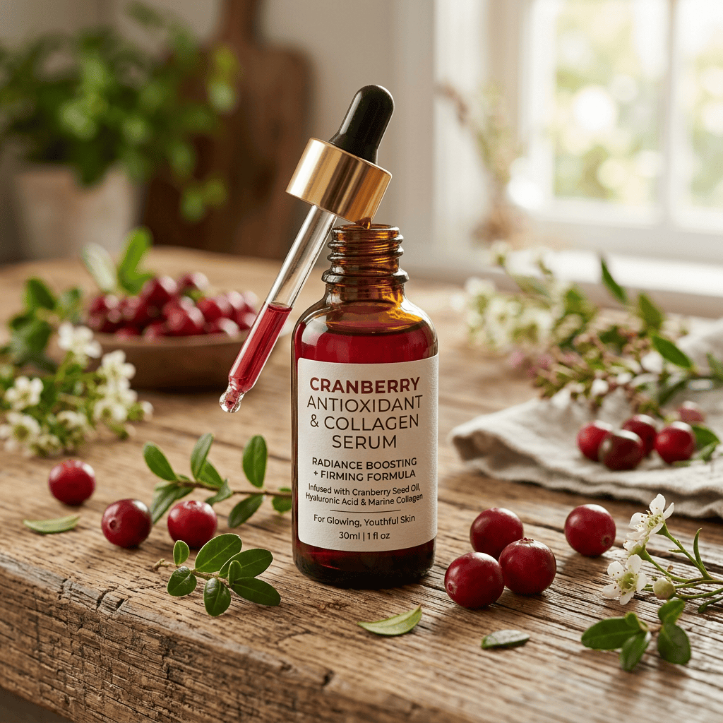 Cranberry antioxidant and collagen serum bottle with dropper