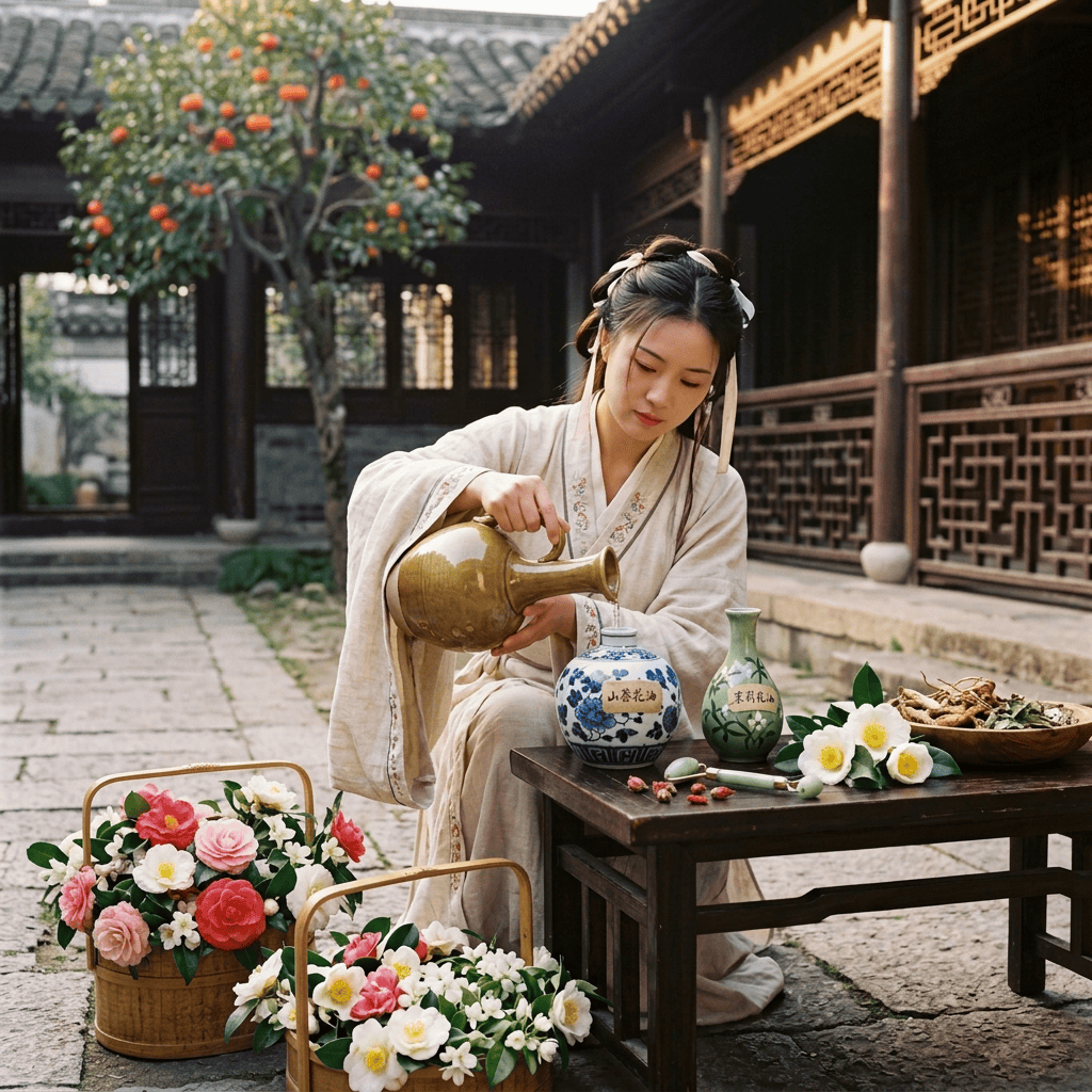 Woman in traditional clothing pouring tea into a blue floral vessel