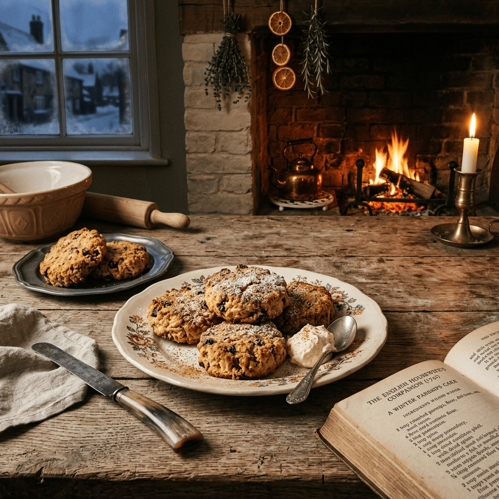 Fruit scones with cream beside an open recipe book and fireplace