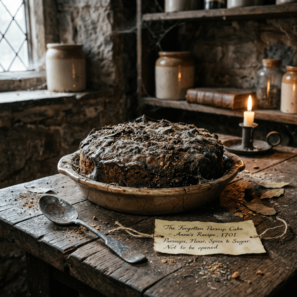 Rustic parsnip cake with note reading “The Forgotten Parsnip Cake – Anne’s Recipe, 1701. Parsnips, Flour, Spice & Sugar. Not to be opened.”
