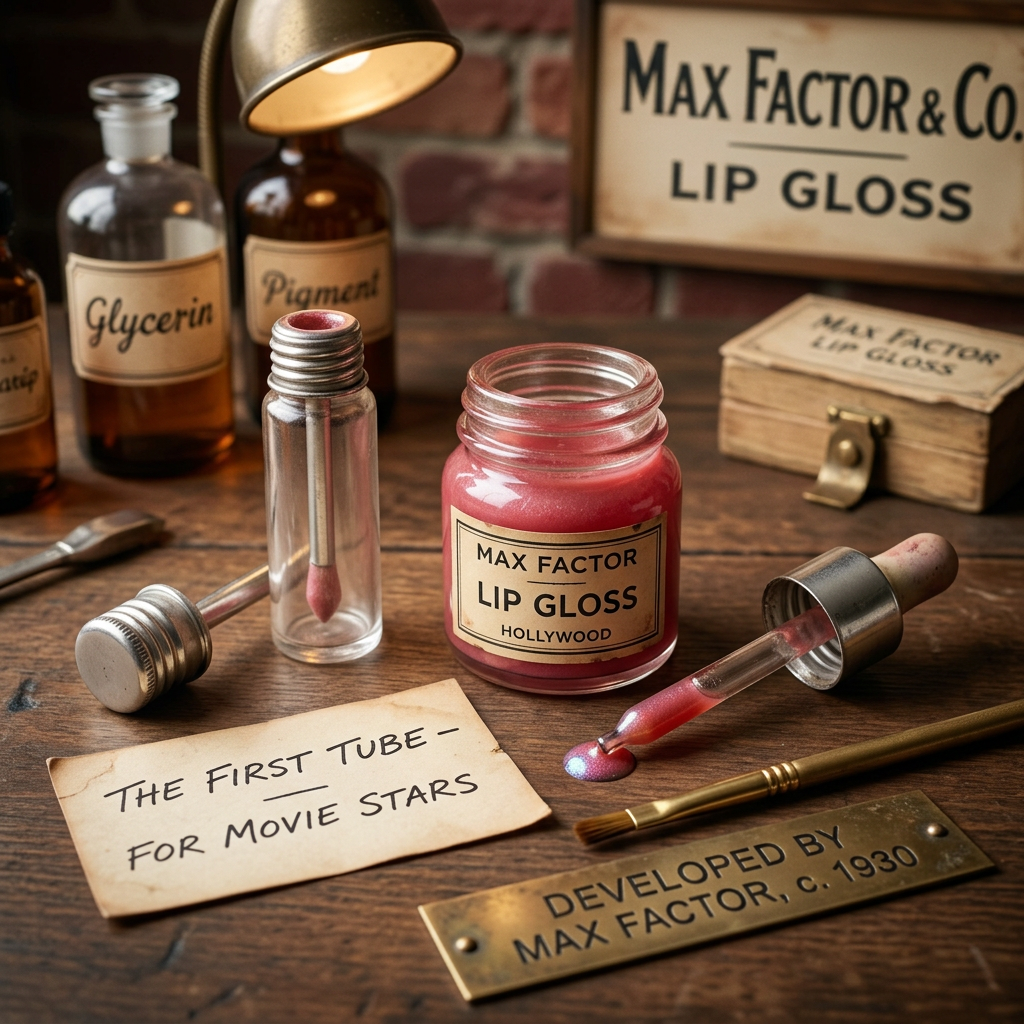 Vintage Max Factor lip gloss, labeled ingredients, and notes reading “The first tube for movie stars” and “Developed by Max Factor, c. 1930.”