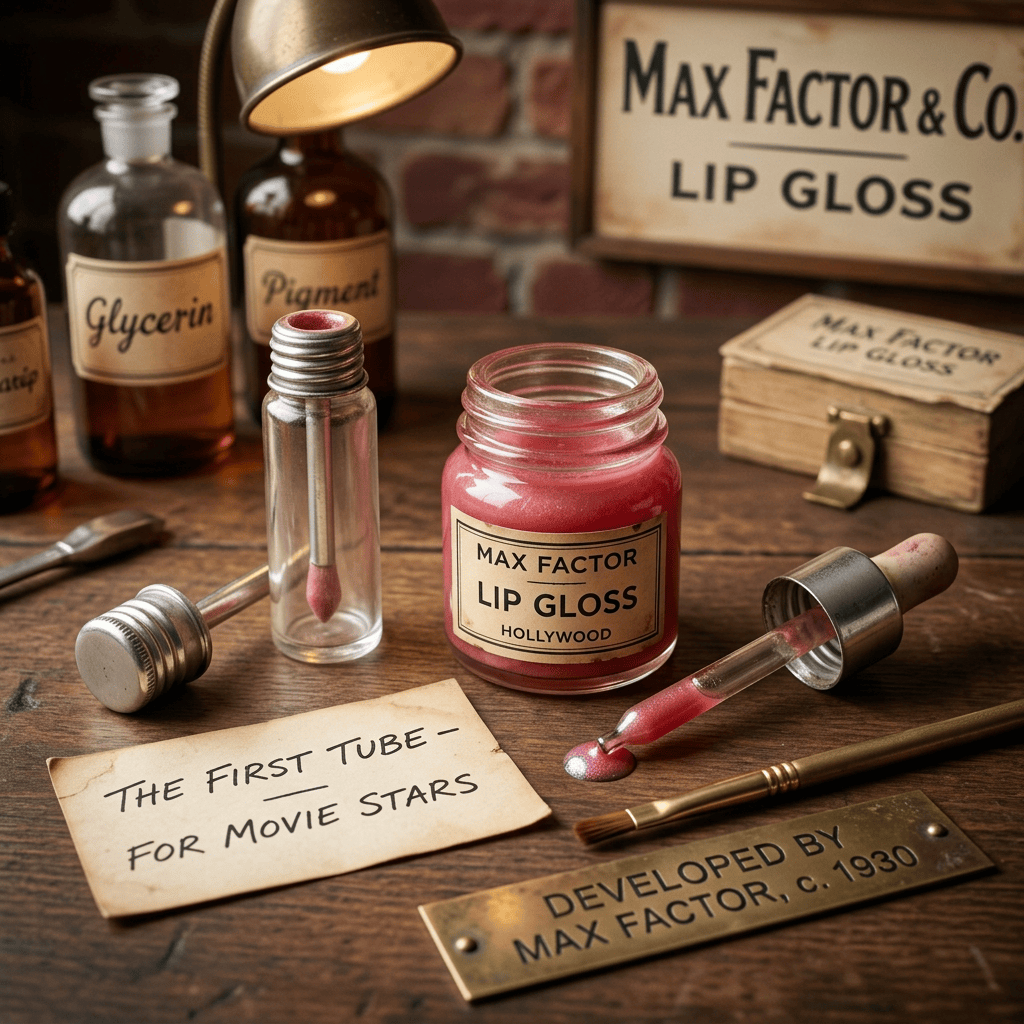 Vintage Max Factor lip gloss, labeled ingredients, and notes reading “The first tube for movie stars” and “Developed by Max Factor, c. 1930.”