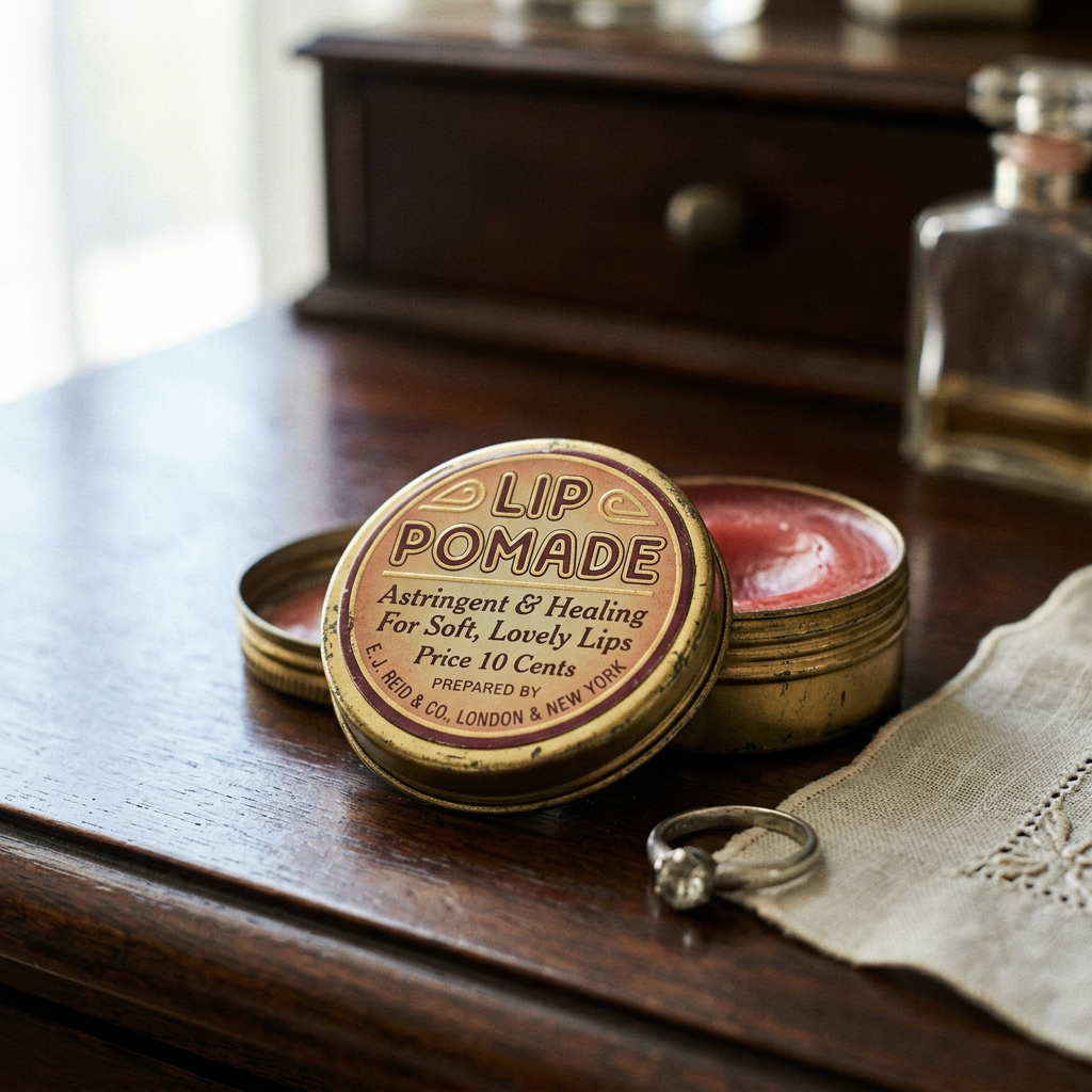 Vintage tin labeled LIP POMADE, Astringent & Healing For Soft, Lovely Lips, Price 10 Cents, Prepared by E.J. Reid & Co., London & New York