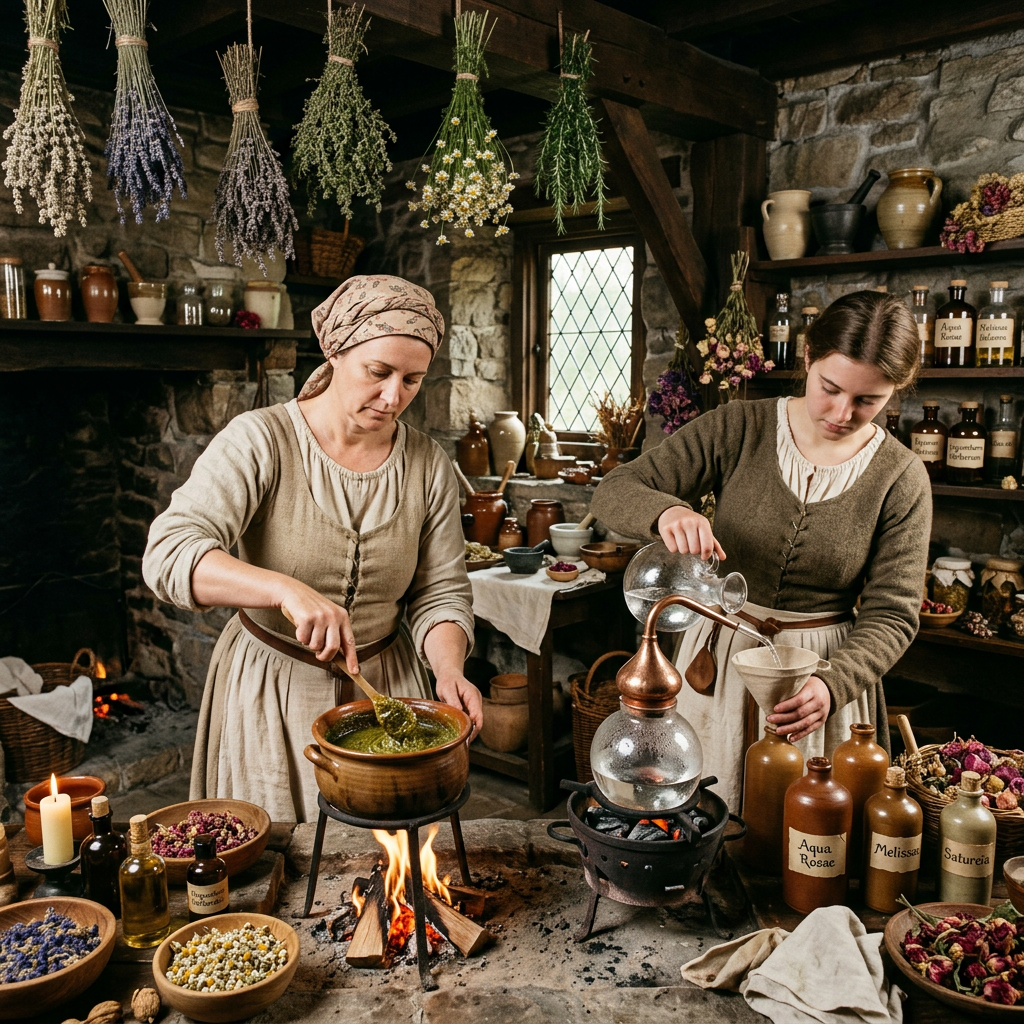 Two women preparing herbal remedies in a stone apothecary