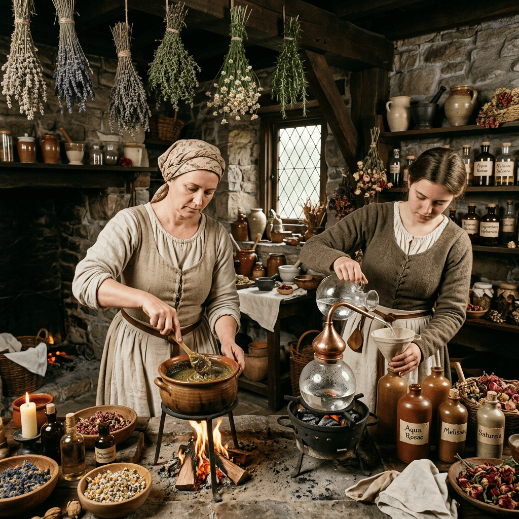 Two women preparing herbal remedies in a stone apothecary