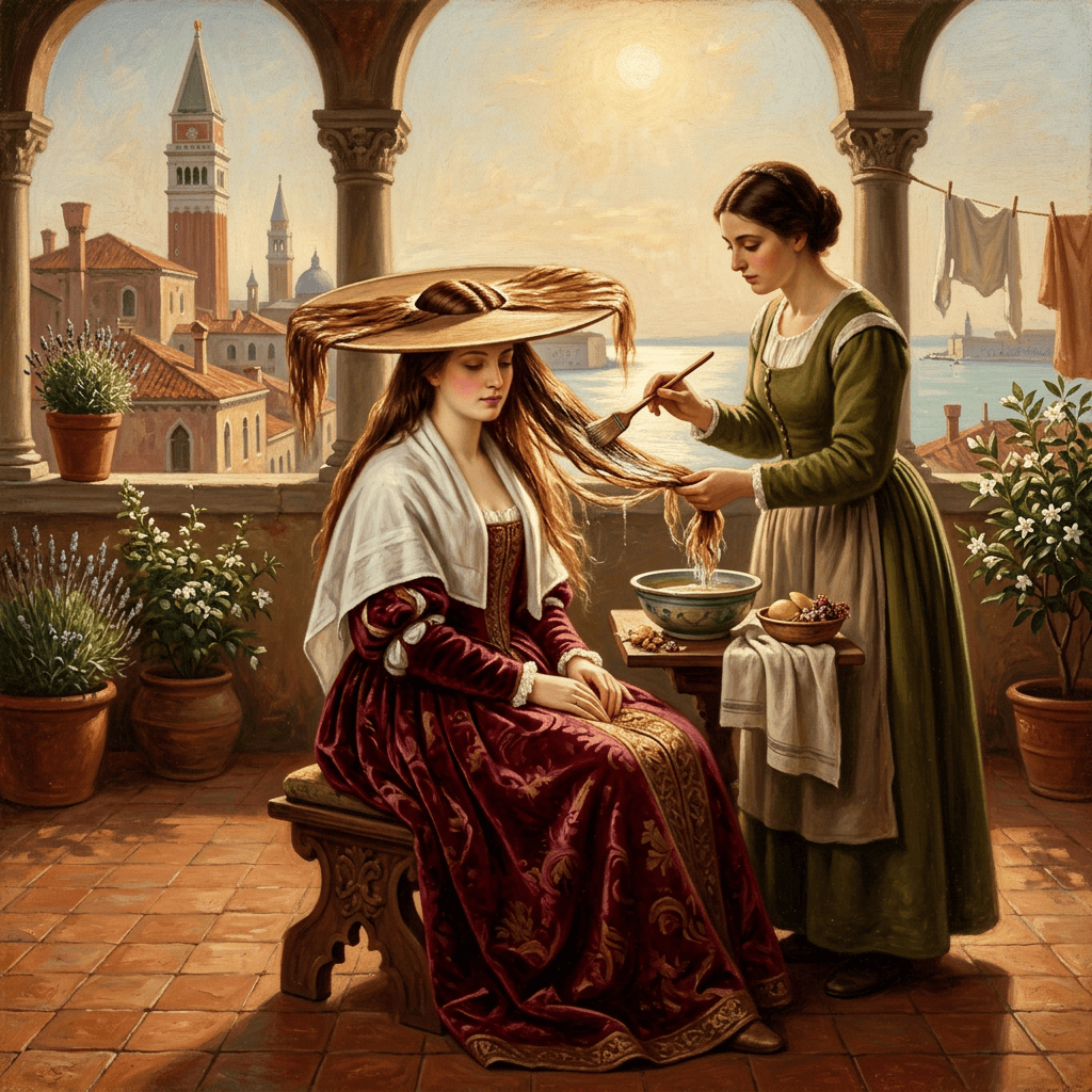 Two women on a Venetian terrace, one brushing the other's hair