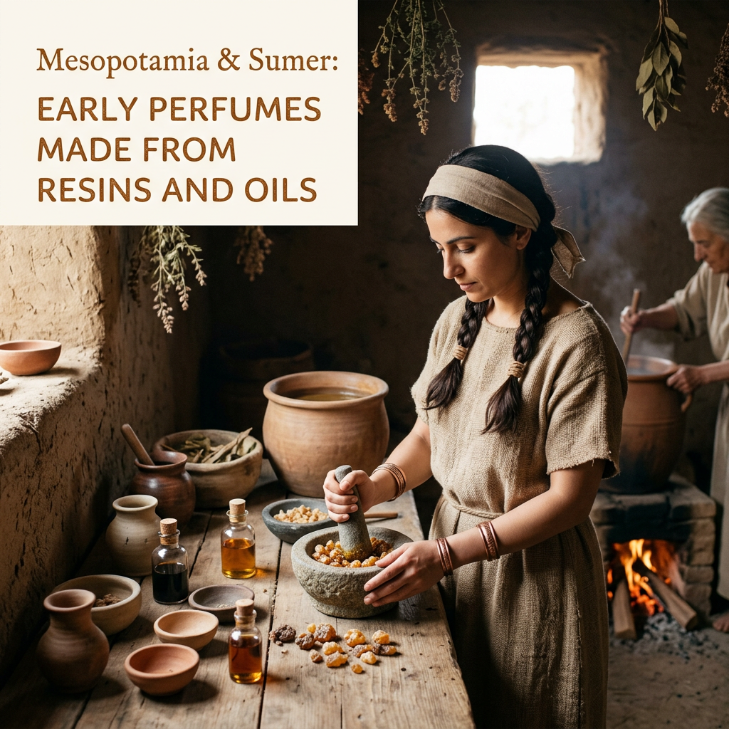 Text reads “Mesopotamia & Sumer: Early perfumes made from resins and oils” above a woman grinding ingredients.