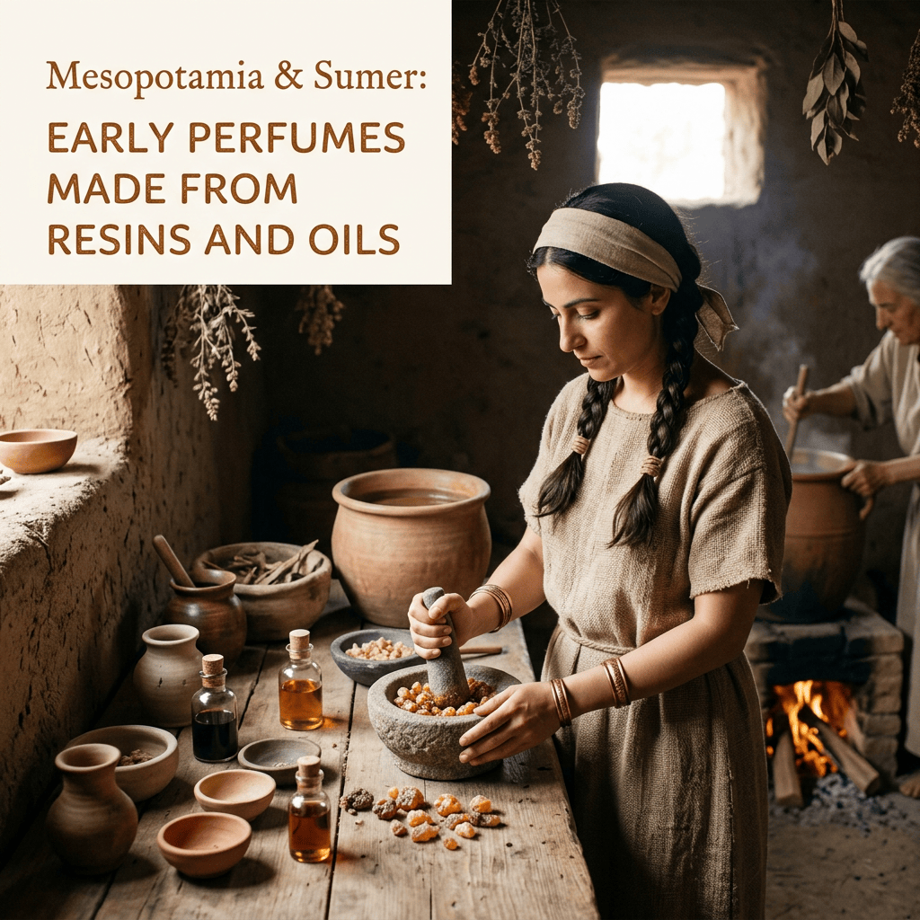 Text reads “Mesopotamia & Sumer: Early perfumes made from resins and oils” above a woman grinding ingredients.