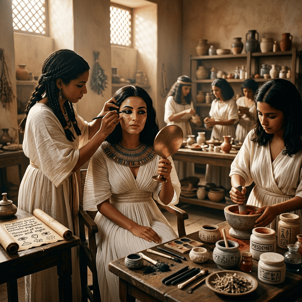 Women preparing cosmetics while one woman applies eye makeup, with labeled jars and a scroll nearby