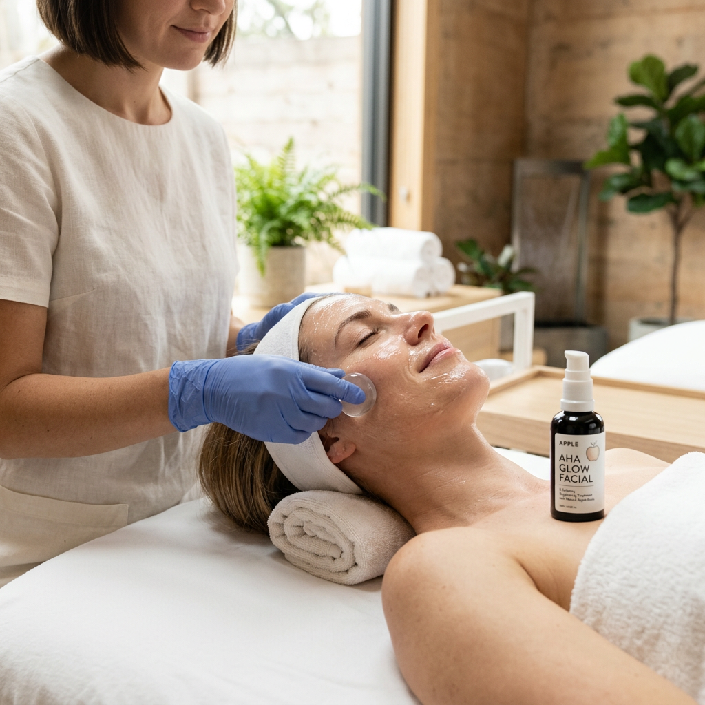 Esthetician applying facial treatment to client beside Apple AHA Glow Facial bottle