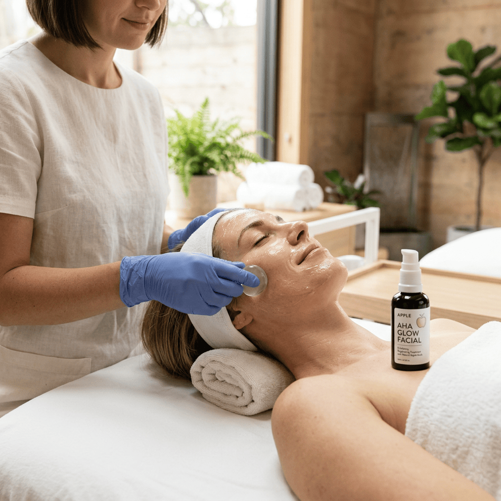 Esthetician applying facial treatment to client beside Apple AHA Glow Facial bottle
