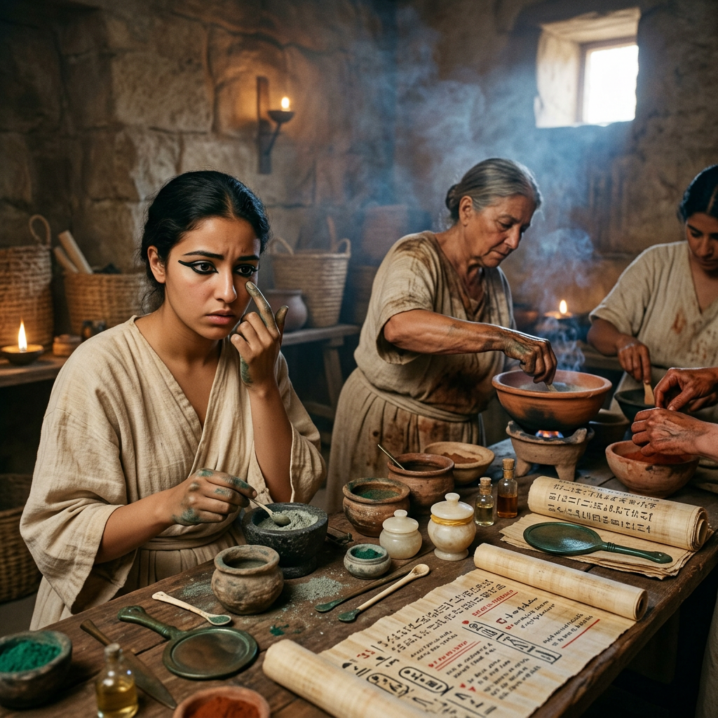 Artisans preparing herbal remedies beside manuscripts in a stone chamber