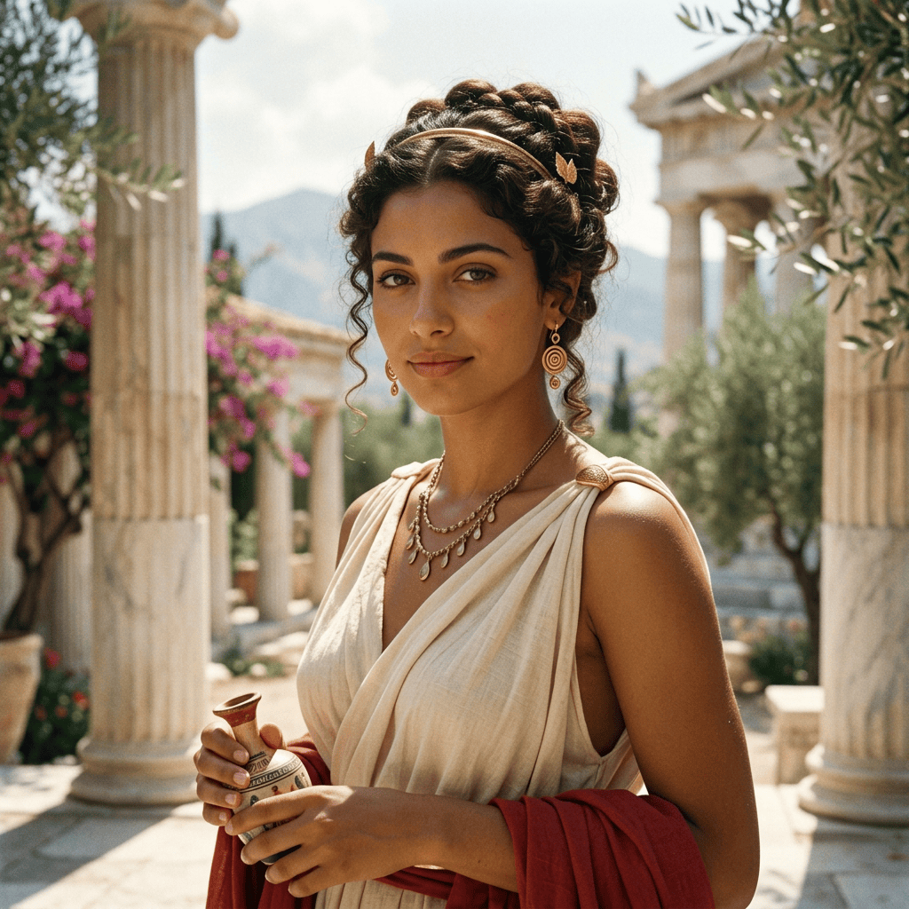 Woman in Greek dress holding a decorated vessel among marble columns