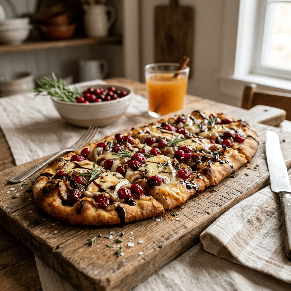 Rustic flatbread topped with cheese, cranberries, onions, and rosemary