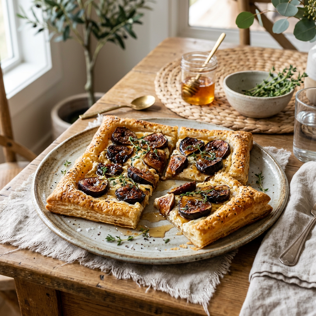 Four puff pastry tarts topped with caramelized figs and thyme on a plate