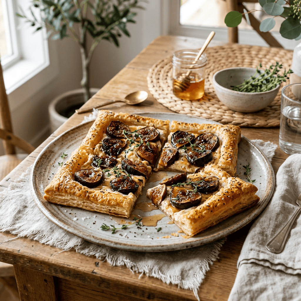 Four puff pastry tarts topped with caramelized figs and thyme on a plate
