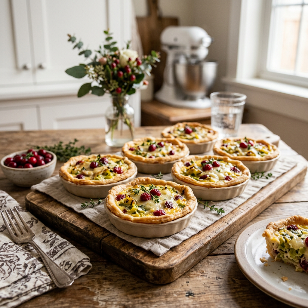 Six savory cranberry and vegetable tarts arranged on a wooden serving board