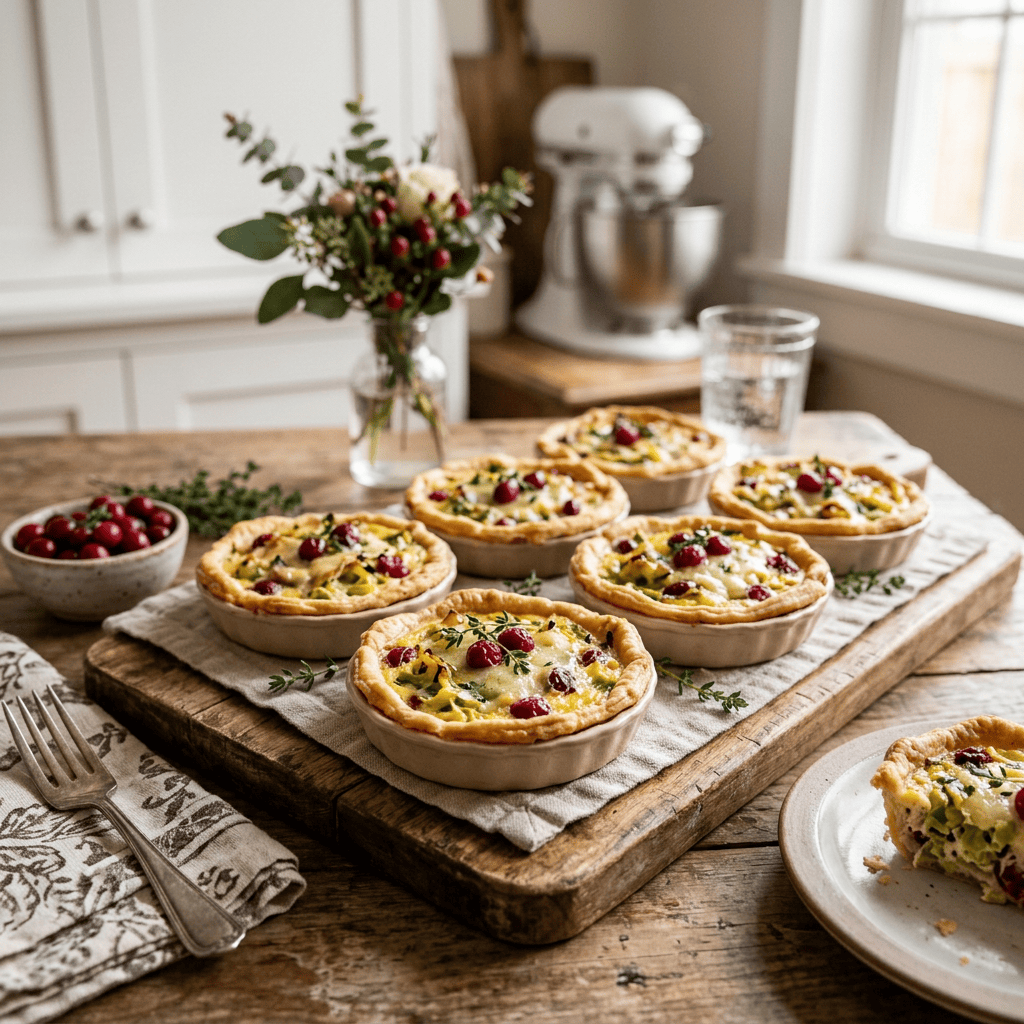 Six savory cranberry and vegetable tarts arranged on a wooden serving board