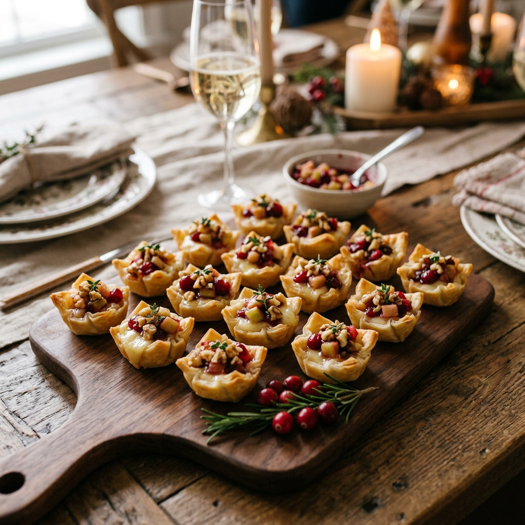 Tray of golden pastry cups filled with fruit, nuts, and herbs