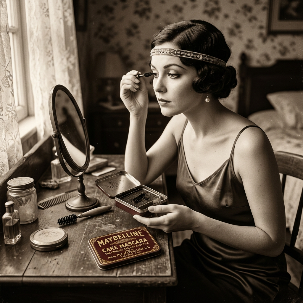 Woman applying mascara beside mirror; tin reads “MAYBELLINE CAKE MASCARA.”